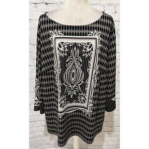 Bob Mackie Wearable Art Placed Print Knit Pullover Top Black White Plus Size 3X